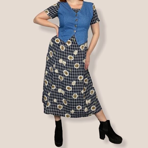 Vintage Croft & Barrow Medium Chambray Plaid Sunflower Layered Vest Midi Dress - Picture 7 of 12